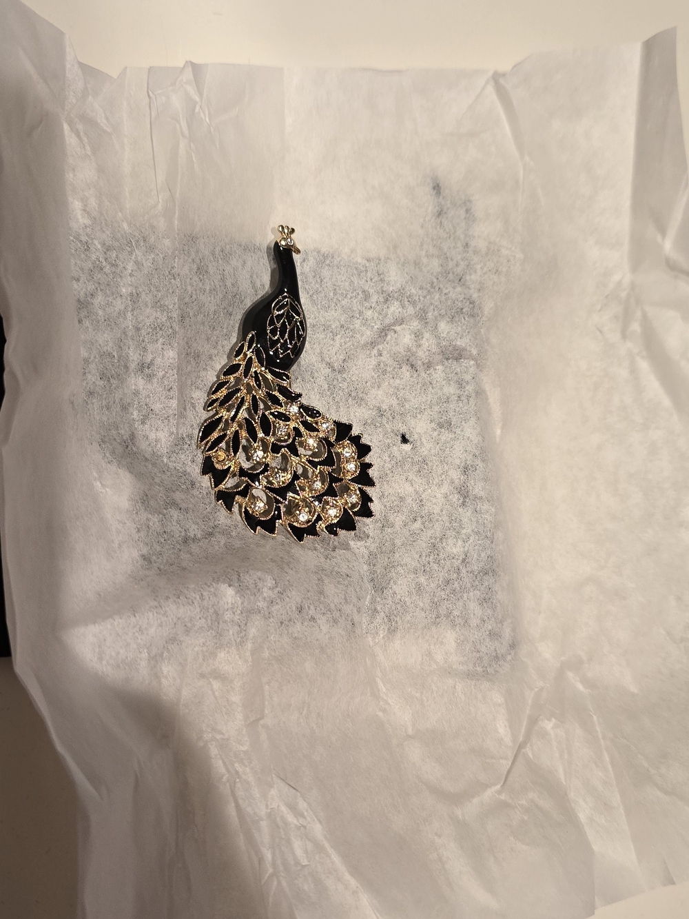 Elegant Black and Gold Peacock Brooch - Women's Jewelry
